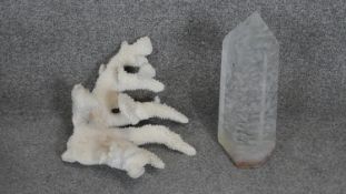 A large piece of bleached branch coral along with a large quartz crystal.