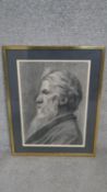 A framed and glazed print of a charcoal portrait of an elderly gentleman. Unsigned. H.55 W.64cm (