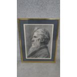 A framed and glazed print of a charcoal portrait of an elderly gentleman. Unsigned. H.55 W.64cm (