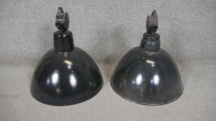 A pair of metal industrial ceiling pendant light shades. H.46 W.38cm