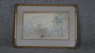 A framed and glazed 19th century watercolour, misty country landscape with figures. W.30 H.36