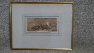 A framed and glazed 19th century pen and watercolour on paper of soldiers. Inscribed to the back.