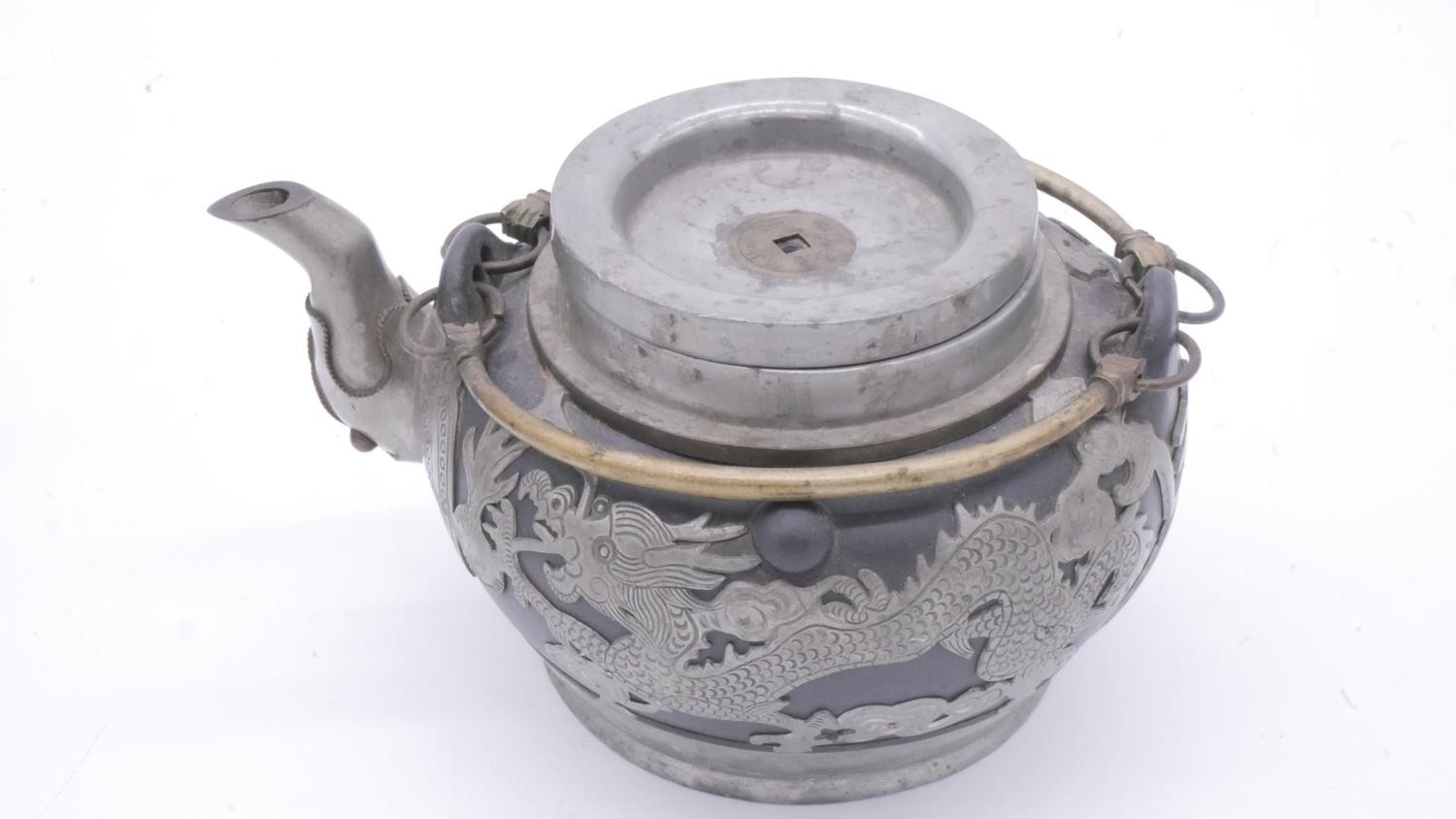 Two Chinese vintage Yixing pottery tea pots with pewter dragon pierced overlays. One with black - Image 4 of 6