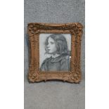 A 20th Century gilt framed and glazed print of a charcoal study, profile of a young lady. H.50 W.