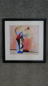 A framed and glazed abstract acrylic on paper still live vase of flowers by British artist Tamor