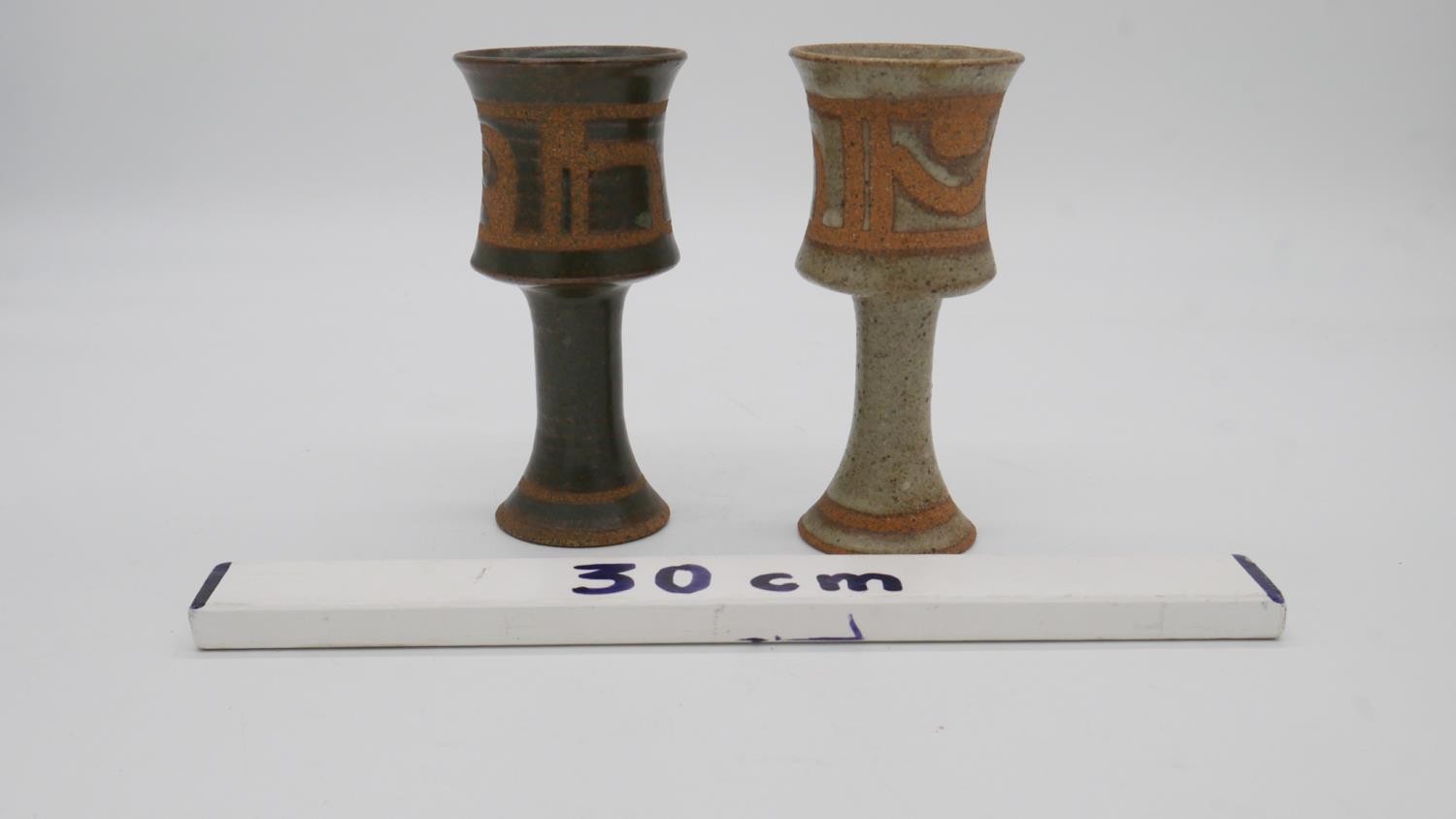 Two studio pottery glazed goblets with abstract design. H.15cm - Image 2 of 3