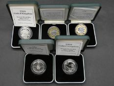 Five Royal Mint silver two pound proof coins. Including Rugby Word Cup, two 1995 Second World War