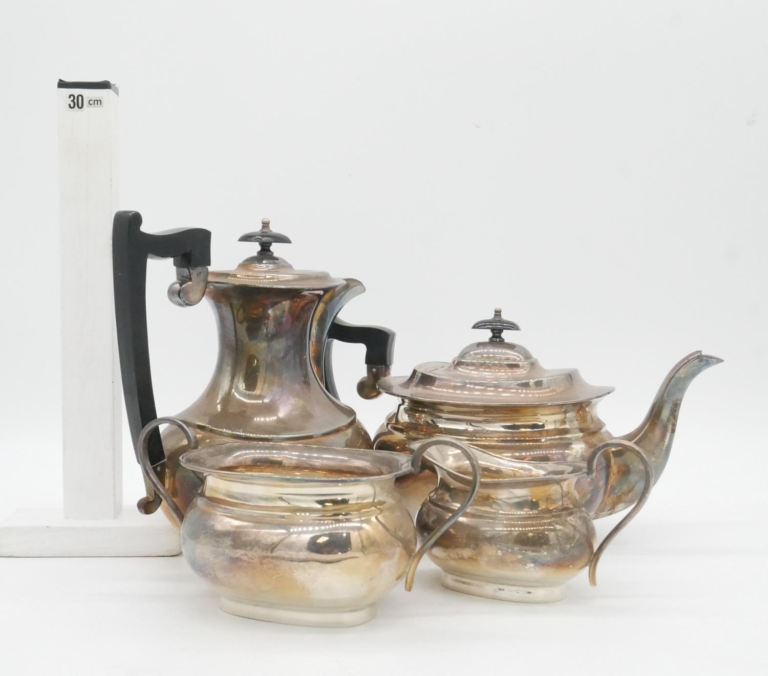 A four piece silver plated coffee and tea service, the tea pot and coffee pot having ebony - Image 9 of 9
