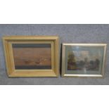 A framed and glazed oil on canvas on board of a church village scene signed, along with a