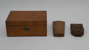A 19th century mahogany jewellery box, a 19th century Continental inlaid box with carved Chinese