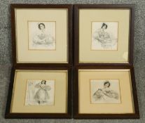 Four Victorian framed and glazed pencil and watercolour drawings on paper of a young female in