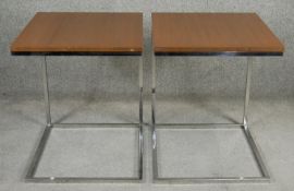 A pair of vintage lamp or bedside tables with mahogany tops on chromium bases. H.60 W.50 D.55cm