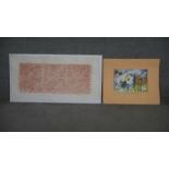 Two unframed watercolours, abstract geometric study and figures in a surreal setting. H.106 W.57cm