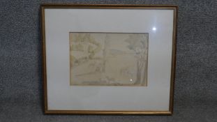 A framed and glazed watercolour, Classical figure in a pastoral landscape surrounded by deer, by