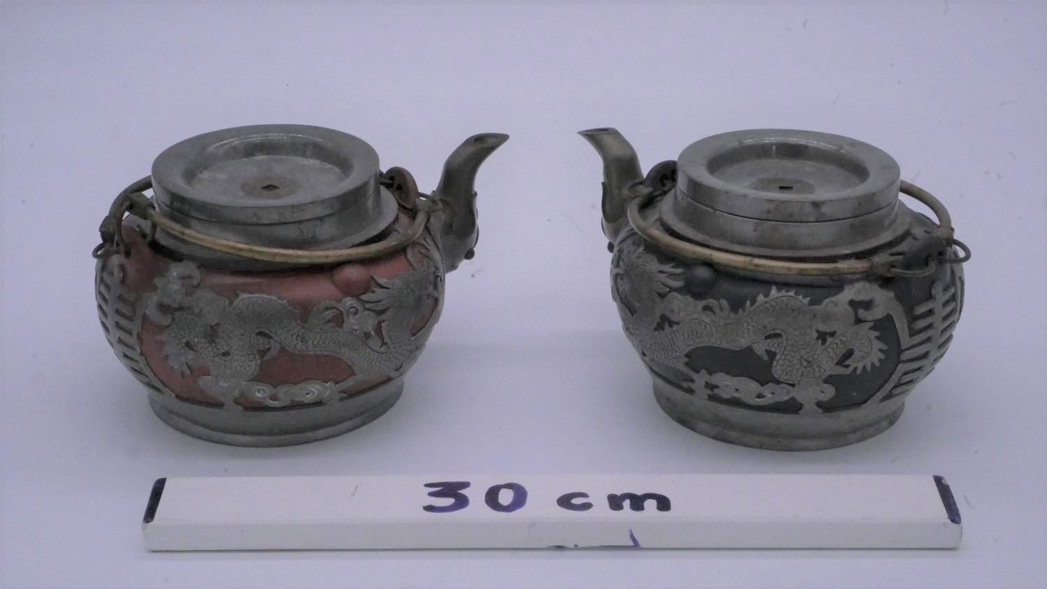 Two Chinese vintage Yixing pottery tea pots with pewter dragon pierced overlays. One with black - Image 2 of 6