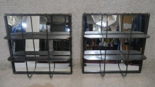 A pair of metal framed industrial style wall shelves with mirrored backs. H.70 W.60 D.17cm