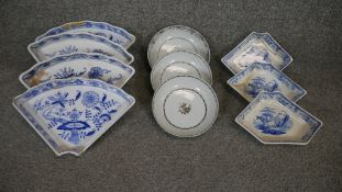 A collection of 19th century porcelain. Including four fan shaped Villeroy & Boch Dresden blue and