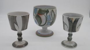 Edgar Campden (b.1961) three ceramic goblets for Aldermaston Pottery, green abstract decoration, two