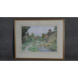 A large framed and glazed watercolour, bucolic country setting, unsigned. W.71 H53