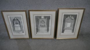 Three framed and glazed 18th century engravings of headstones. One of a headstone sculpted by George