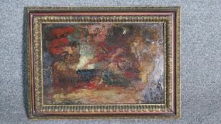 A gilt framed oil on board, Macbeth's witches. W.37 H.28