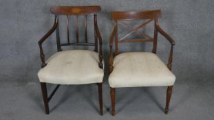 A Georgian mahogany armchair with conch shell inlay to the bar back along with a similar armchair.