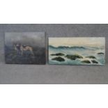 Two oils on canvas, one depicting two dogs on a moorland, signed R.G. Baldwin, measuring H.37 W.