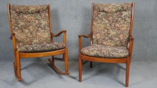 A vintage stained beech Parker Knoll easy armchair and the matching rocking chair. H.94cm