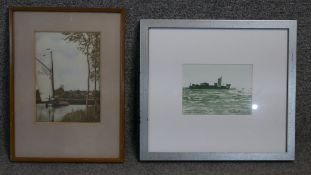 Two framed and glazed watercolours, a boat at sea indistinctly signed and a river scene with sailing