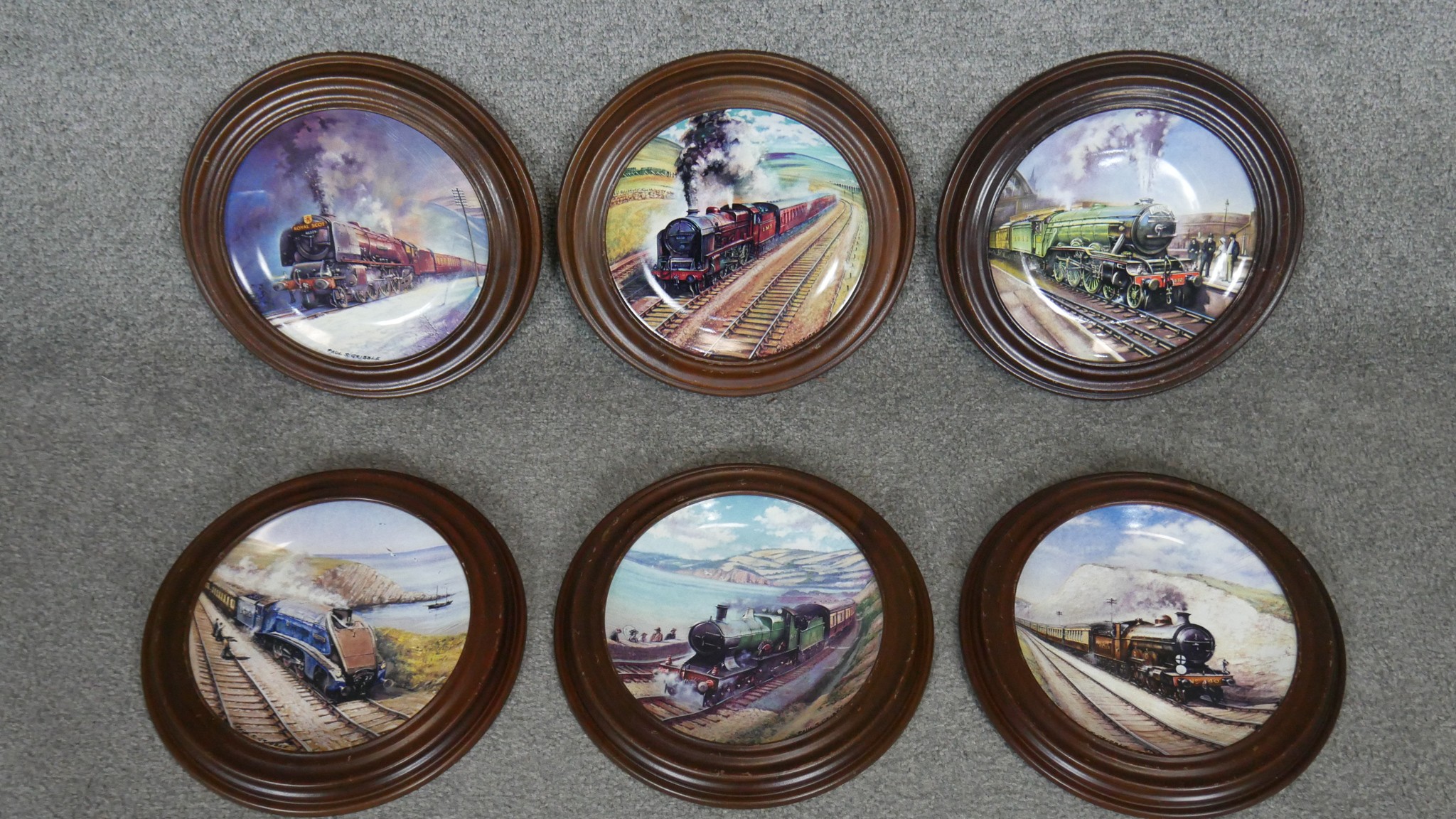 Six wooden framed limited edition Davenport transfer design ceramic plates by Paul Gribble from
