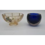 A mid century sommerso royal blue and clear glass geode ashtray along with a Victorian enamelled