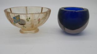 A mid century sommerso royal blue and clear glass geode ashtray along with a Victorian enamelled