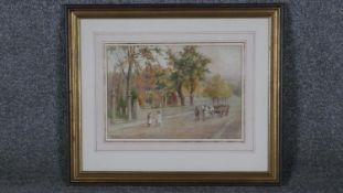 A framed and glazed watercolour, village street scene with figures, signed C Windrop. W.40 H.34