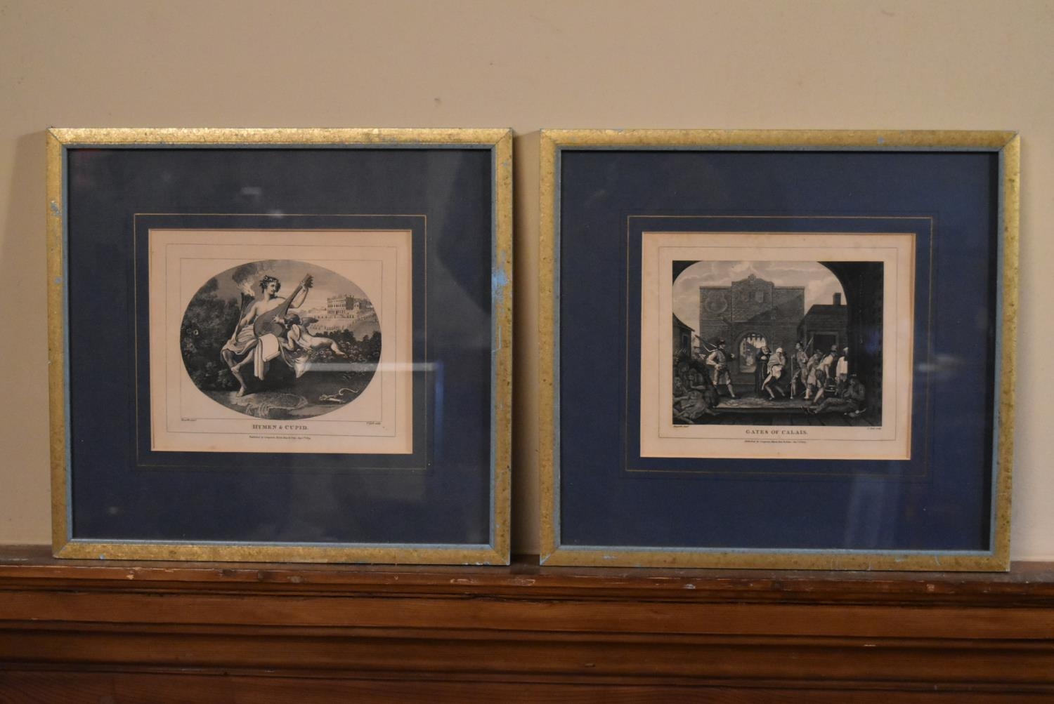 A pair of framed and glazed prints, Gates of Calais and Hymen and Cupid. H.33 W.34cm (2)
