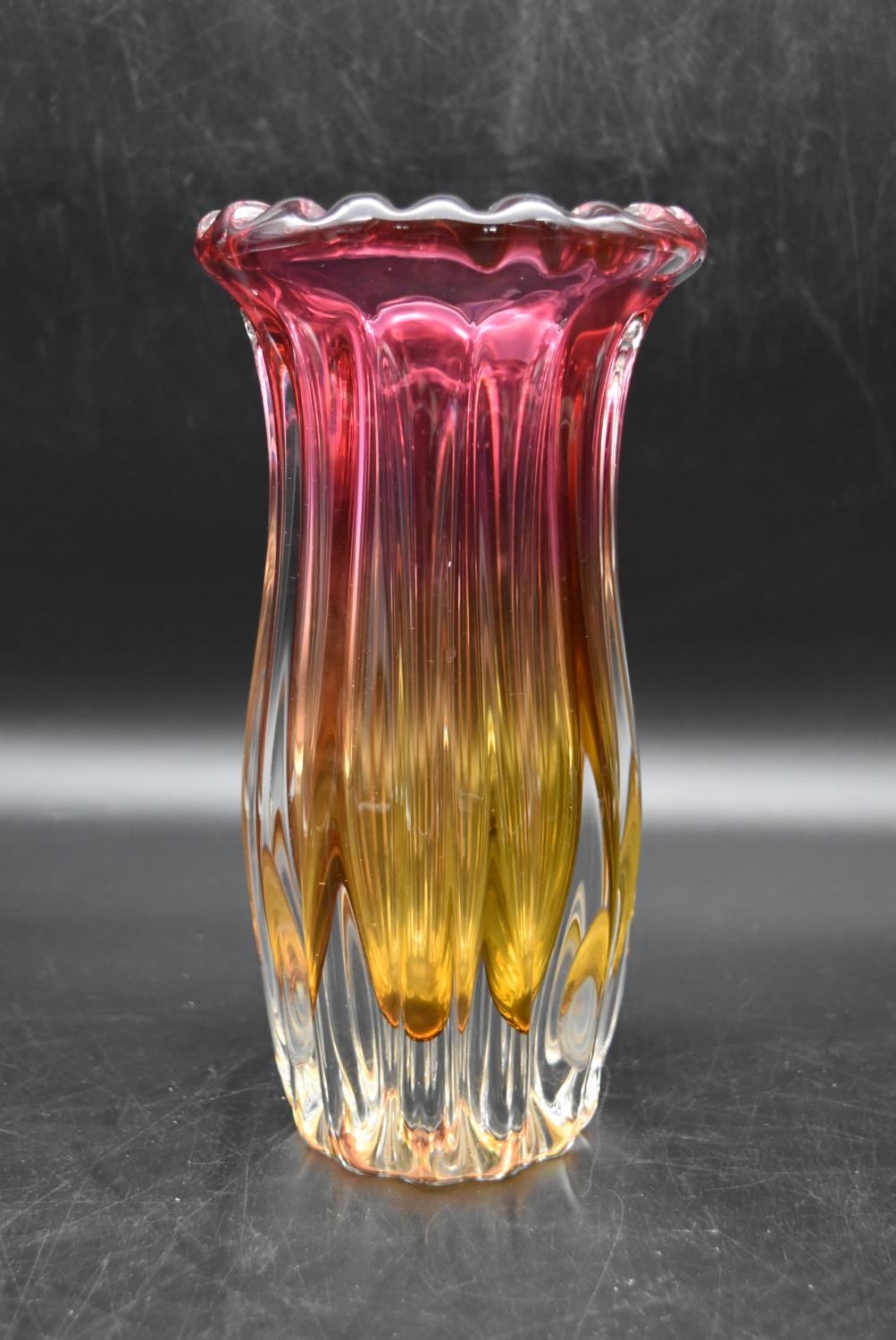 A collection of three vintage glass vases. Including an Art Deco multicoloured vase with a scalloped - Image 2 of 11