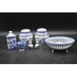 A collection of blue and white Chinaware. Including, a pair of ginger jars, a pierced bowl, egg cup,