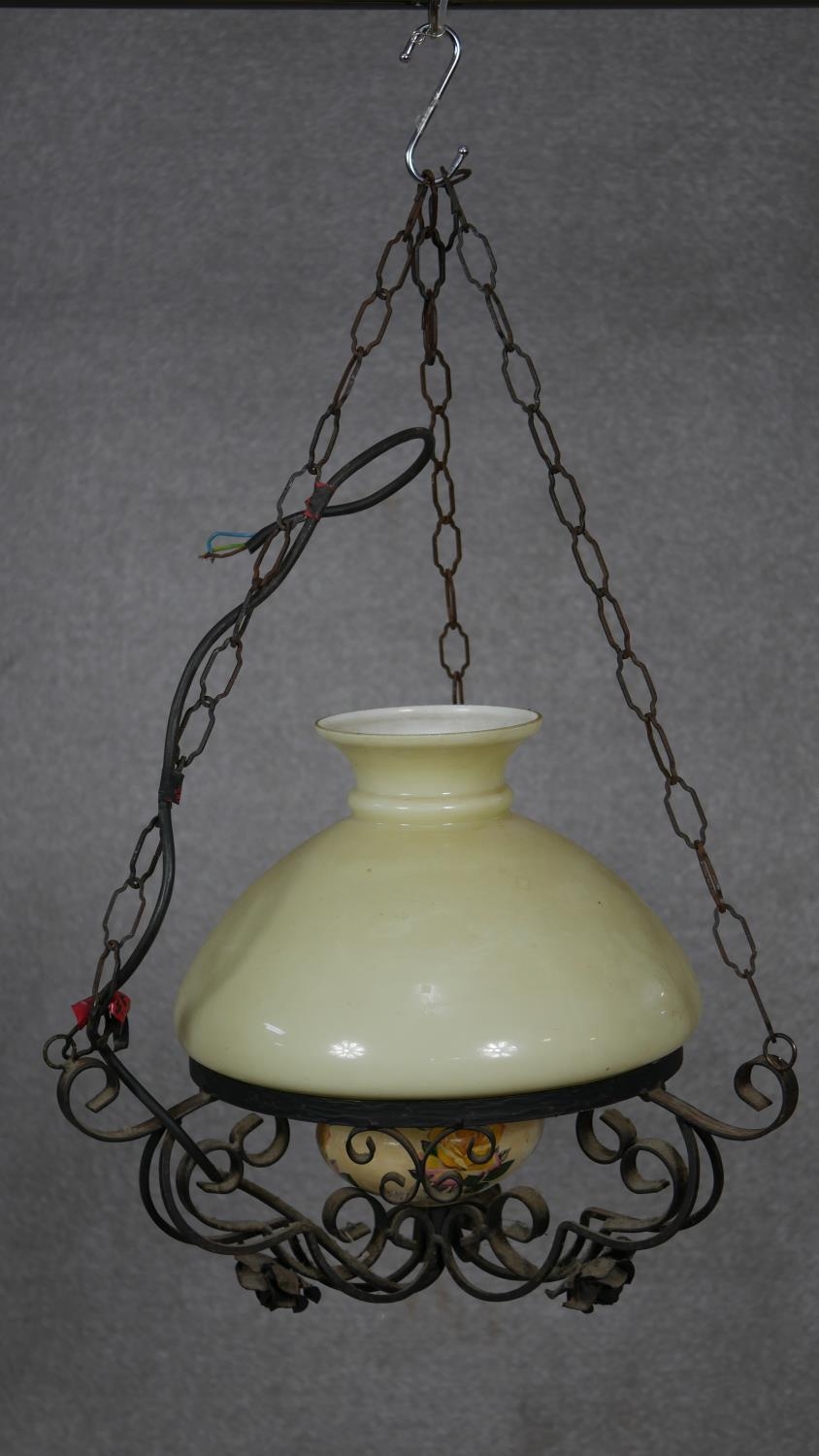 A glass and brass five branch chandelier and an antique glass hanging lamp. D.50cm (Largest) - Image 2 of 7