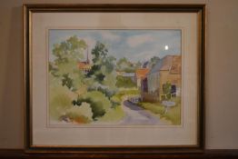 Mollie McCloskey- A framed and glazed watercolour of a country town scene. Signed by artist, dated