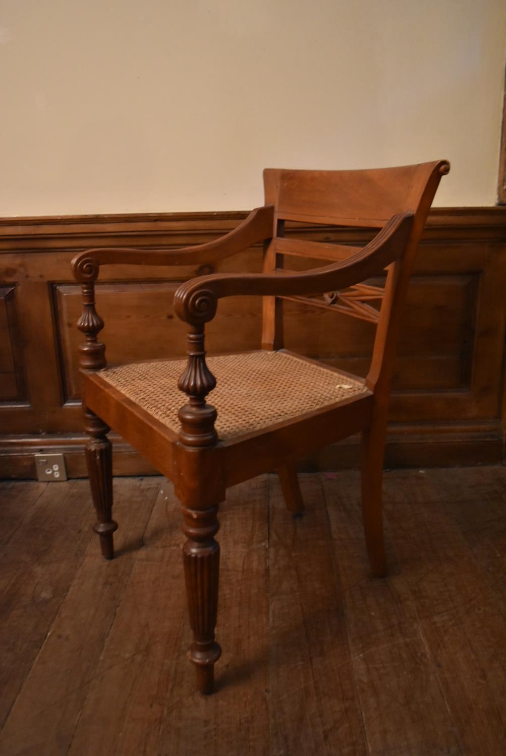 An Eastern teak Regency style open armchair with bar back above caned seat on reeded tapering - Image 4 of 9