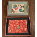 Two twin handled trays printed with vegetables. H.6 W.60 D.46cm (2)