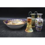 A collection of decorative porcelain. Including, a Noritaki Japanese hand painted dish and vase with