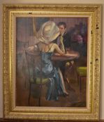 A carved gilt framed oil on canvas of a couple dining. Indistinctly signed front and back. H.100 W.