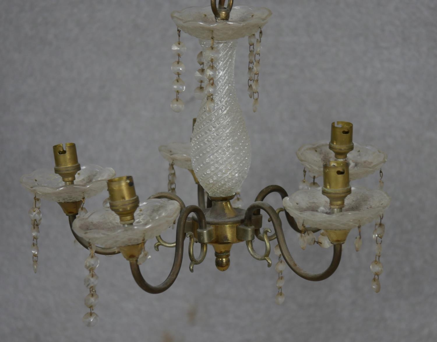 A glass and brass five branch chandelier and an antique glass hanging lamp. D.50cm (Largest) - Image 5 of 7
