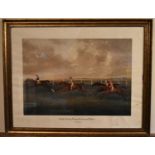 A large gilt framed and glazed print of an 18th century horse race; Creeper beating Dragonfly. H.