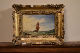 A gilt framed oil on panel, ship scene, unsigned. H.20 W.27cm