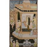 A framed and glazed Indo-Persian watercolour on paper of court room scene. H.84 W.57cm