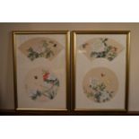 A pair of framed and glazed Chinese inks on silk, fan designs, butterflies and flowers with artist