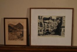 Two signed etchings, Continental scenes, framed and glazed. H.44 W.48cm (largest)