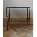 A wrought iron conservatory table with mosaic inlaid top. H.50 W.50 D.32cm