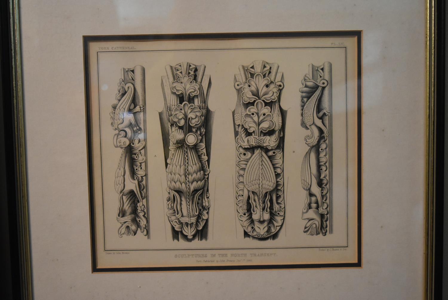 A set of three framed and glazed prints showing Gothic architectural carvings from York Cathedral, - Image 7 of 17